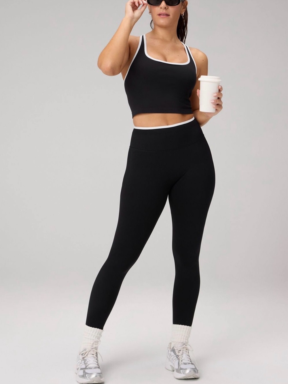 Fabletics Black Leggings with White Waistband